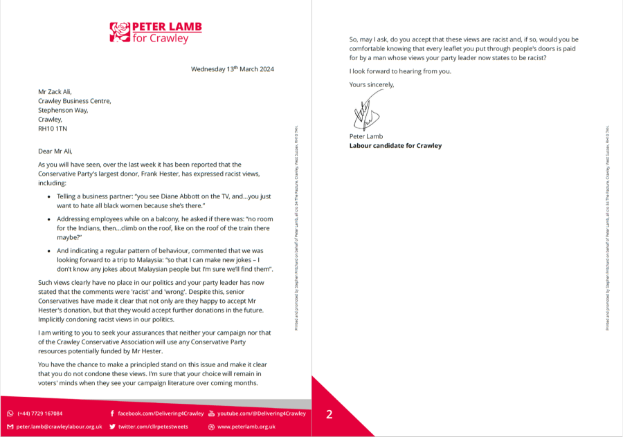 Open letter to Zack Ali on Frank Hester’s funding for his campaign