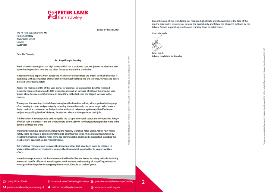 Letter to the Home Secretary regarding shoplifting in Crawley