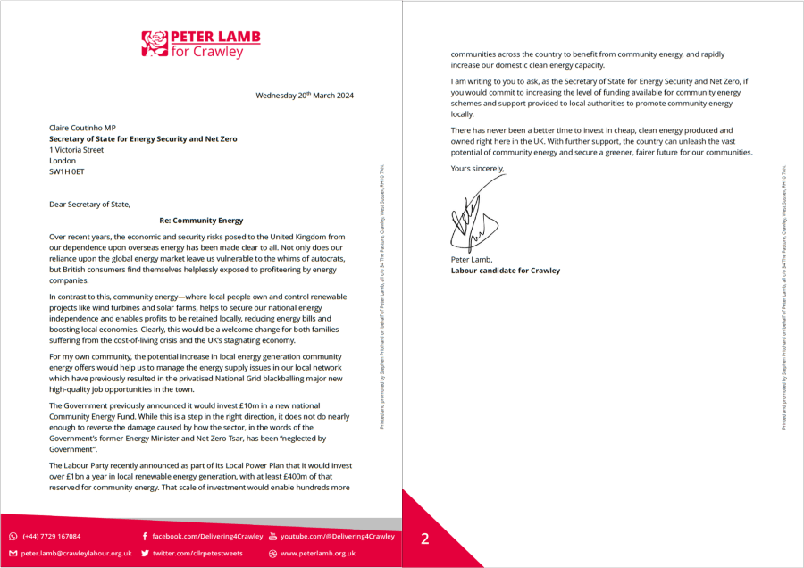 Letter to the Secretary of State for Energy Security and Net Zero on Community Energy