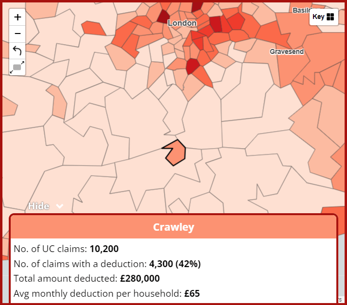 Universal Credit deductions costing 4,300 low income Crawley families £65 per month
