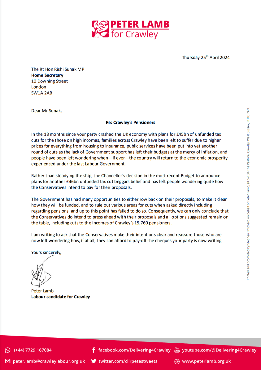 Call for Sunak to be clear if Crawley’s 15,760 pensioners will be made to pay for the Conservatives’ £46bn tax blackhole
