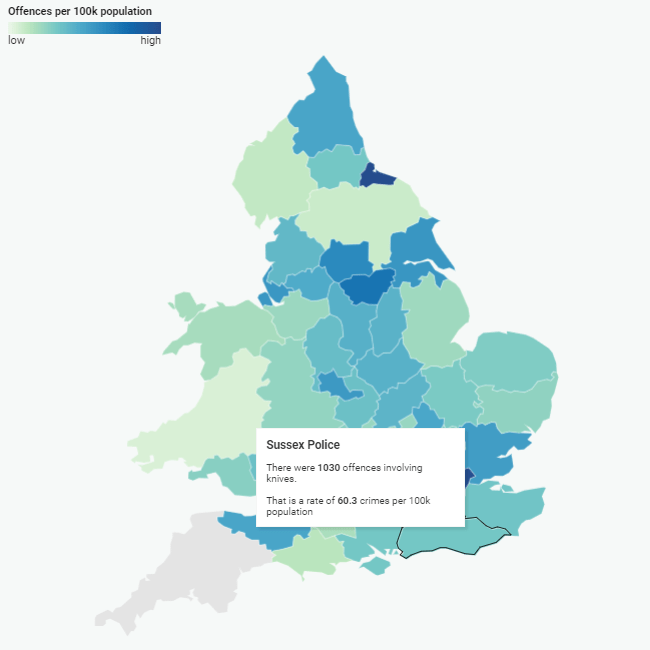 Three knife crimes every day in Crawley’s policing area