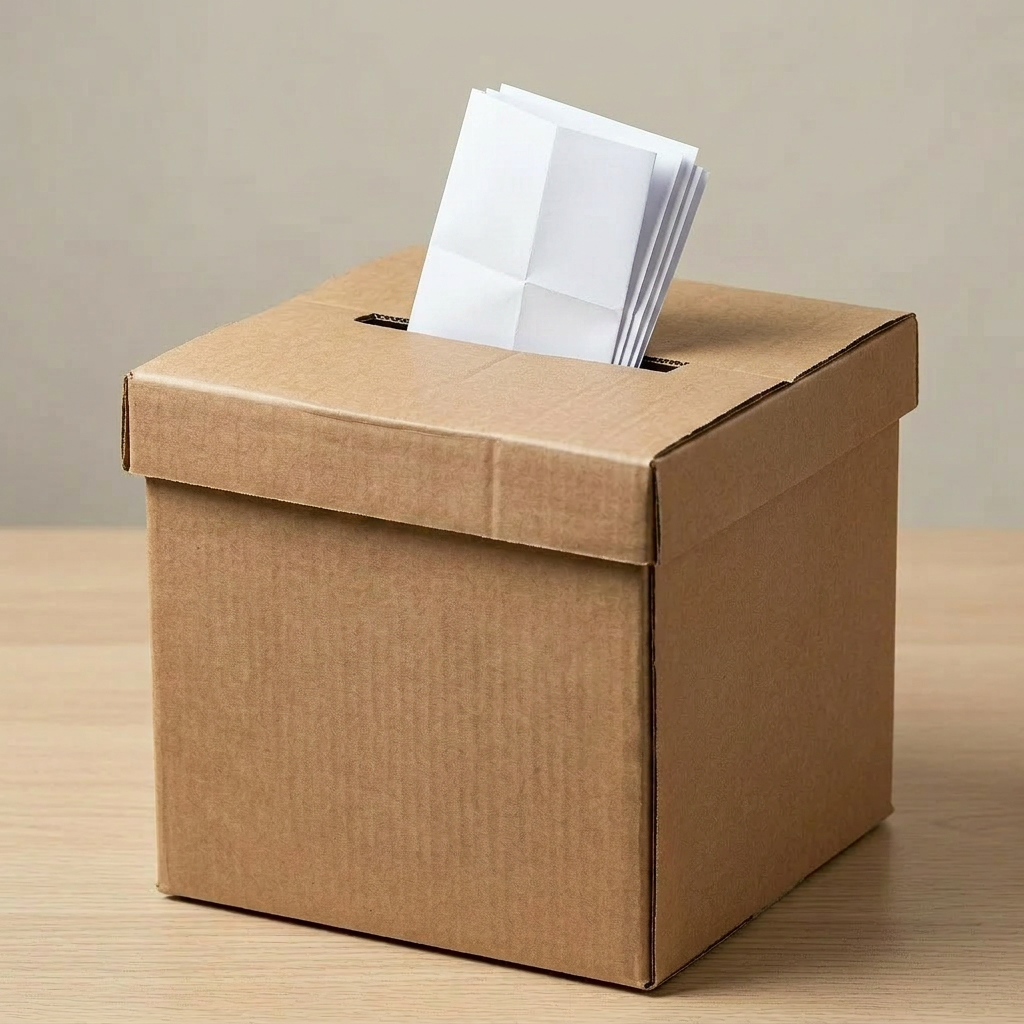Cardboard ballot box labeled 'BALLOT BOX' and 'UK LOCAL ELECTIONS' with a ballot paper showing checked options for local council and mayoral election.